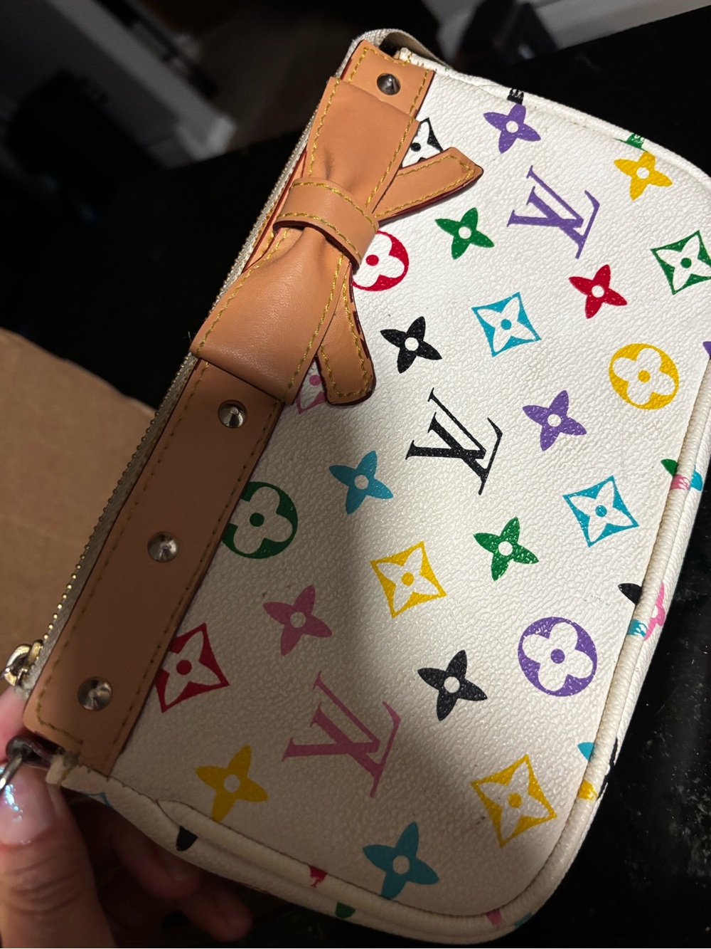 Louis Vuitton White Multicolor Monogram Canvas Wristlet with Tan Strap
